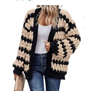 Lantern Sleeve Open Front Color Block Cable Knit Sweater Cardigan Black Size XS